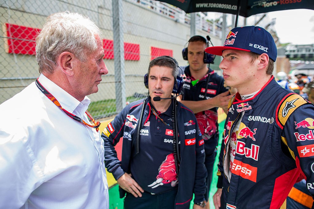 SAO PAULO, BRAZIL - NOVEMBER 15:  Helmut Marko of Austria with Max Verstappen of Scuderia Toro Rosso and The Netherlands during the Formula One Grand Prix of Brazil at Autodromo Jose Carlos Pace on November 15, 2015 in Sao Paulo, Brazil.  (Photo by Peter Fox/Getty Images)