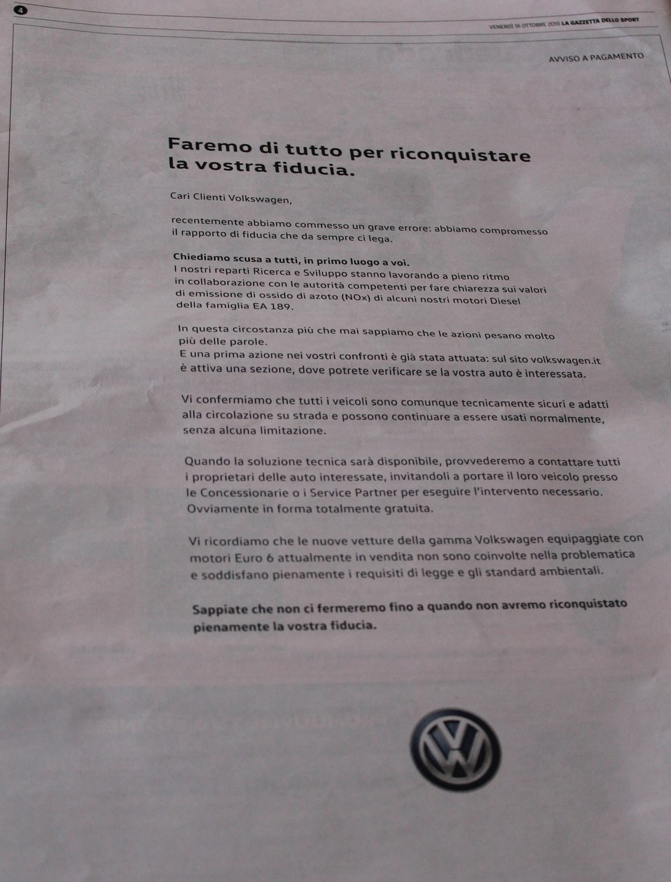 La lettera Volkswagen sui quotidiani