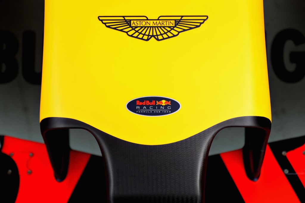 KUALA LUMPUR, MALAYSIA - SEPTEMBER 29: Aston Martin branding on the Red Bull Racing RB13 during practice for the Malaysia Formula One Grand Prix at Sepang Circuit on September 29, 2017 in Kuala Lumpur, Malaysia. (Photo by Mark Thompson/Getty Images)
