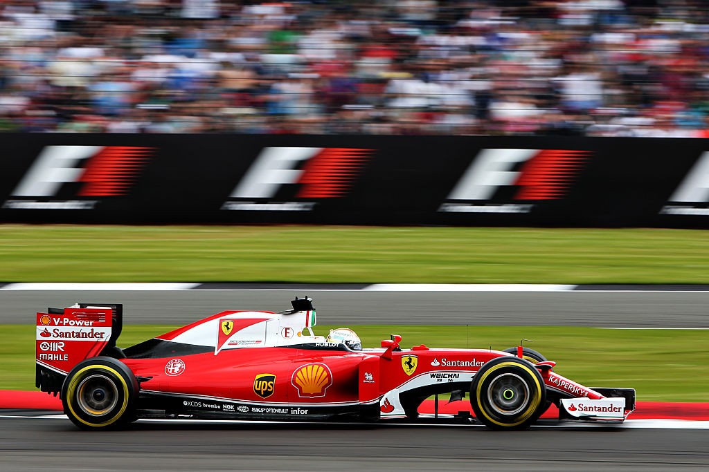 NORTHAMPTON, ENGLAND - JULY 09: Sebastian Vettel of Germany driving the (5) Scuderia Ferrari SF16-H Ferrari 059/5 turbo (Shell GP) on track during qualifying for the Formula One Grand Prix of Great Britain at Silverstone on July 9, 2016 in Northampton, England. (Photo by Charles Coates/Getty Images)