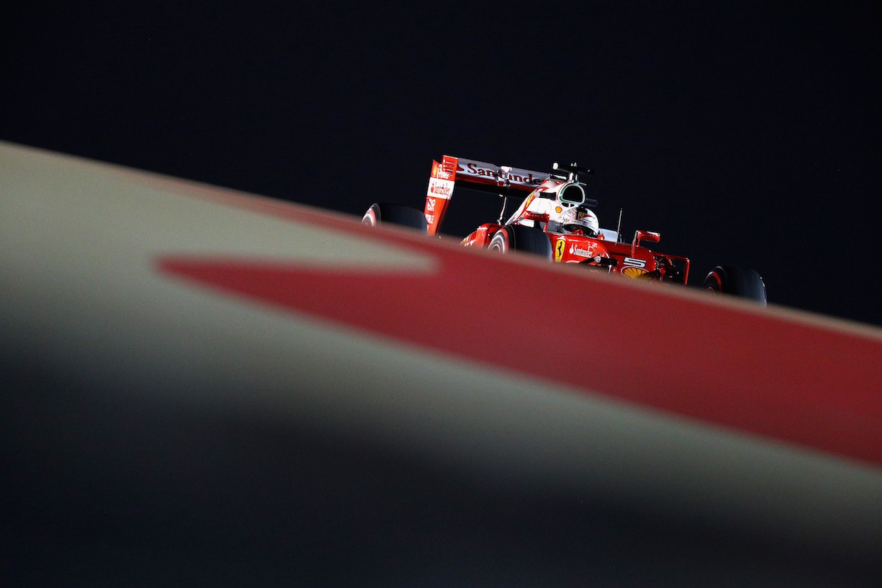 SAKHIR, BAHRAIN - APRIL 01: Sebastian Vettel of Germany drives the (5) Scuderia Ferrari SF16-H Ferrari 059/5 turbo (Shell GP) on track during practice for the Bahrain Formula One Grand Prix at Bahrain International Circuit on April 1, 2016 in Sakhir, Bahrain.  (Photo by Clive Mason/Getty Images)