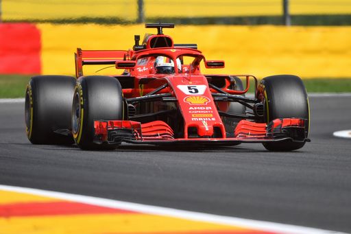 Ferrari's German driver Sebastian Vettel drives during the first practice session at the Spa-Francorchamps circuit in Spa on August 24, 2018 ahead of the Belgian Formula One Grand Prix. (Photo by EMMANUEL DUNAND / AFP)